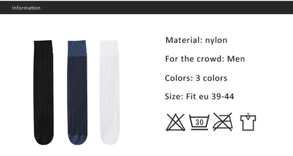 3 Pairs Summer Man Silk Socks Long Business Thin Nylon Striped Breathable Soft Elastic Below Knee Calf Formal Wear Crew Socks