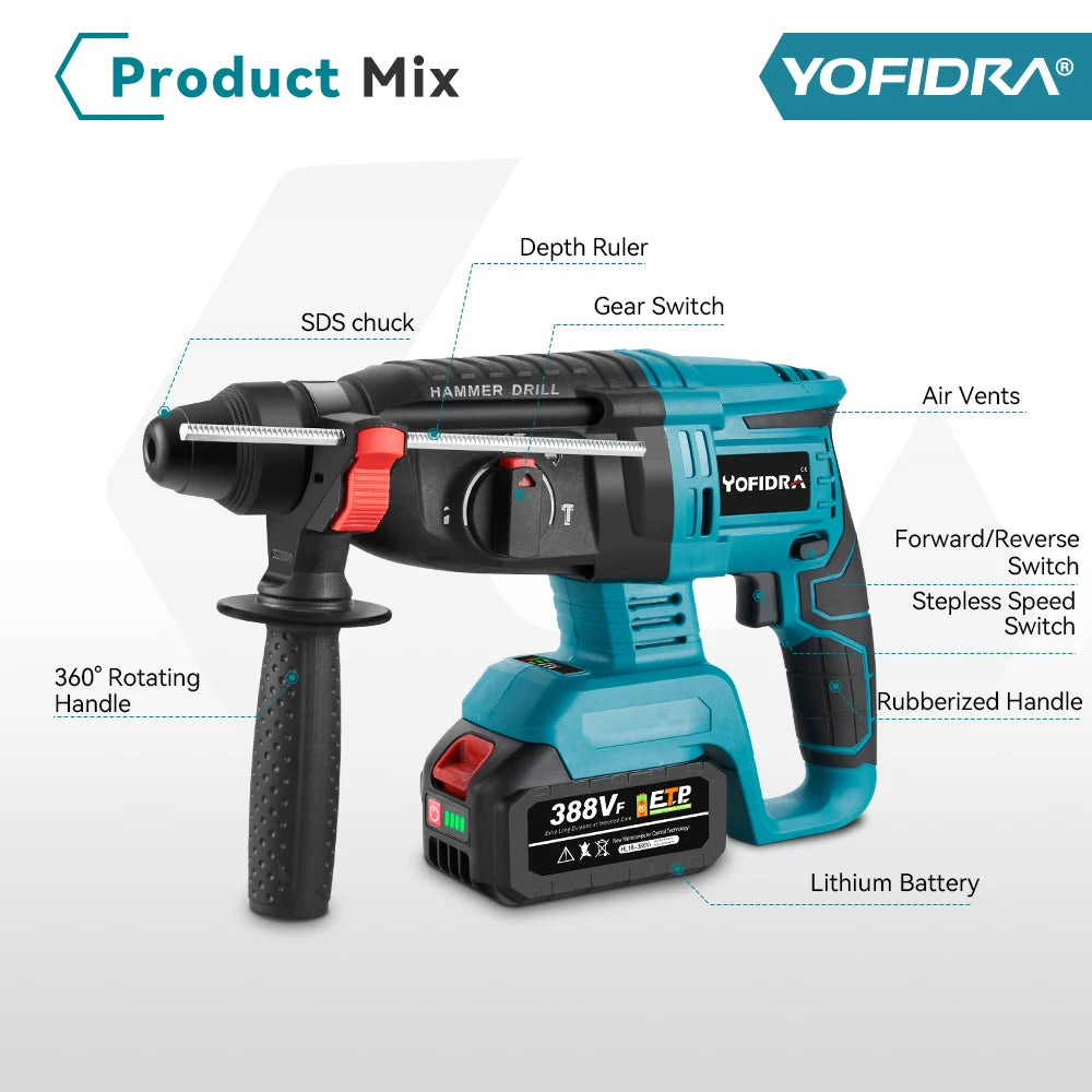 YOFIDRA 26MM Brushless Electric Hammer Drill Multifunctional Rotary Cordless Rechargeable Power Tools For Makita 18V Battery Pin