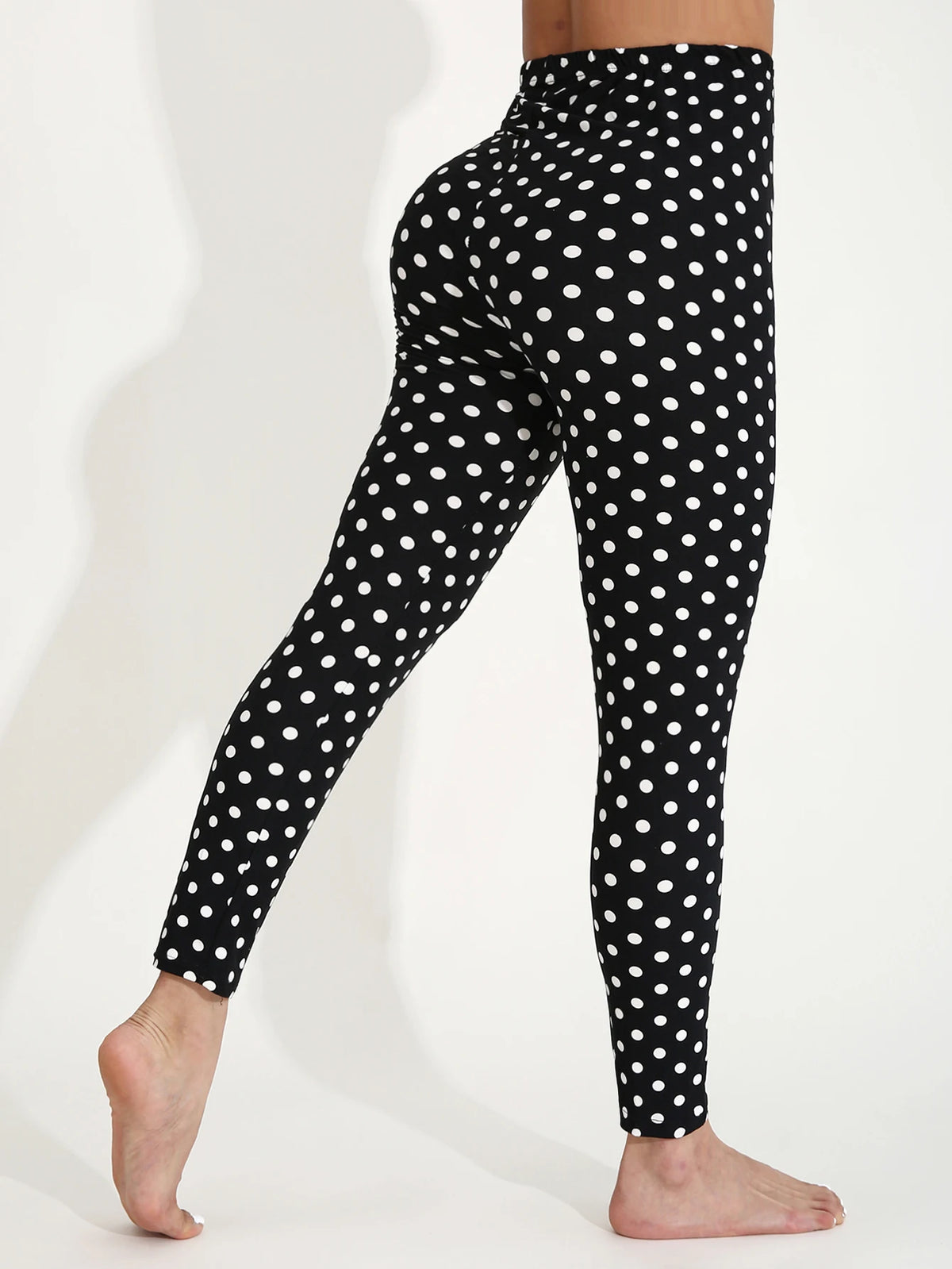 Four Seasons European  American Casual Women's Black Leggings  High Stretch Tight Pants White Polka Dot Pattern Cropped Pants