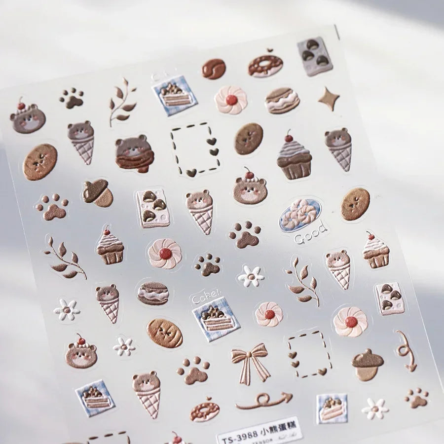 Lovely Animal Graffiti Cat Claw Rabbit Bunny Bear Dog Flower Fruit Dim Sum Candy Sunflower Adhesive 5D Nail Art Stickers Decal