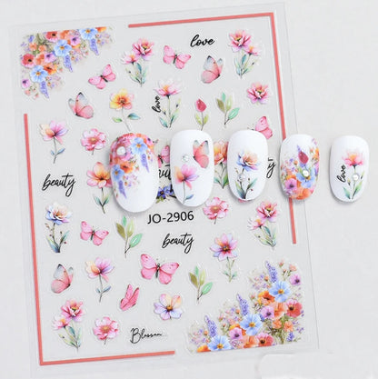 3d Nail Art Decals Spring Booming Violets Lavenders Purple Blue Pink Flowers Butterflys Stickers Decoration For Nail Tips Beauty