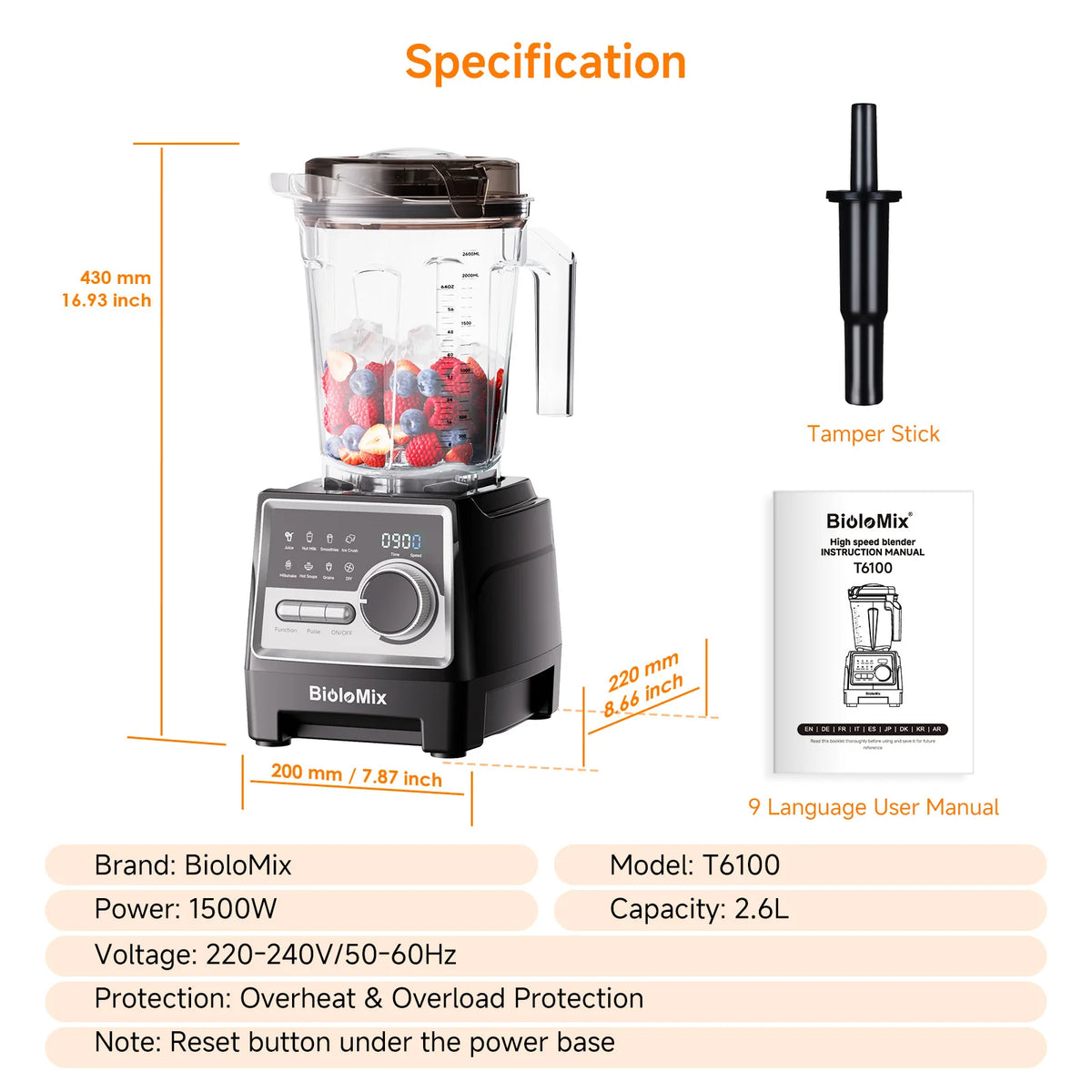 BioloMix 1500W Professional Blender With 2.6L BPA Free Jar With 6 Blades, 7 Preset Program for Smoothies, Shakes, Nut Milk