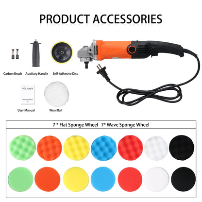 Podofo 8800RPM  Rotary Car Buffer Polisher Waxer 1200W Car Polisher with 14 Sponge Wheels Detachable Handle Perfect for Boat Car Polishing and Waxing