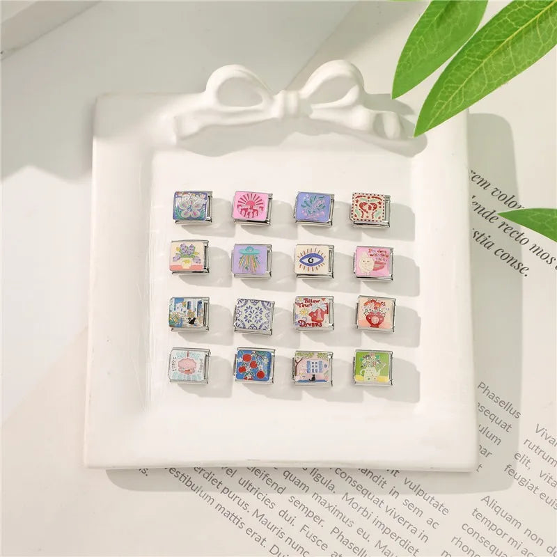 Fashion Drip Glaze Blue Eyes Colorful Butterfly Italian Charm Links Fit 9mm Stainless Steel Bracelet Jewelry DIY Making Beads