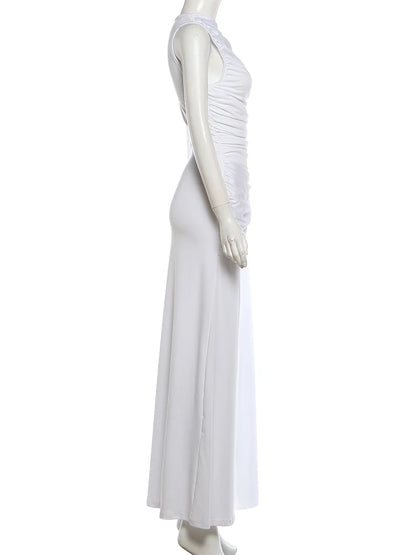 Weird Puss Elegant Party Dress Woman Ruched o-Neck Sleeveless Irregular Ribbon Metal Trim Classic Chic Birthday Banquet Vestidos
