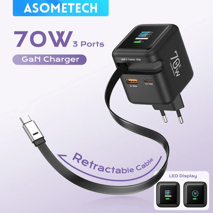 70W GaN Fast Charger with Type-C Retractable Cable 3 IN 1 PD3.0 QC4.0 PPS Fast Charging for IPhone 16 15 14 Xiaomi Tablet Laptop