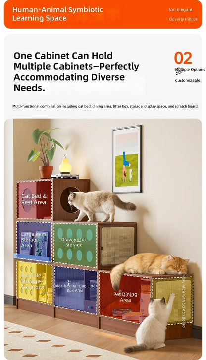 Triple-Function Cat House with Litter Box & Storage,Human-Pet Shared Furniture,Cat Tree Hut, Indoor Cat Den,Multi-Level Cat Fort