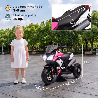 3-wheel electric motorcycle for children, 6V, electric motorcycle for kids aged 3 to 5, with lights and sounds, 86x42x52cm, load capacity: 25 kg