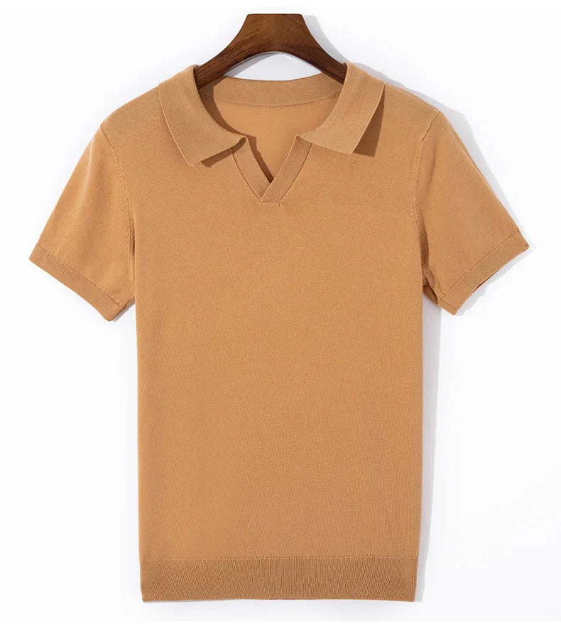 Spring and summer new 100% pure wool business casual knitting technology men's breathable soft lapel Polo short sleeve T-shirt.