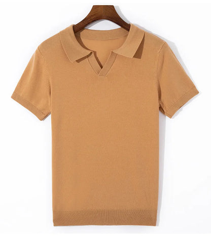 Spring and summer new 100% pure wool business casual knitting technology men's breathable soft lapel Polo short sleeve T-shirt.
