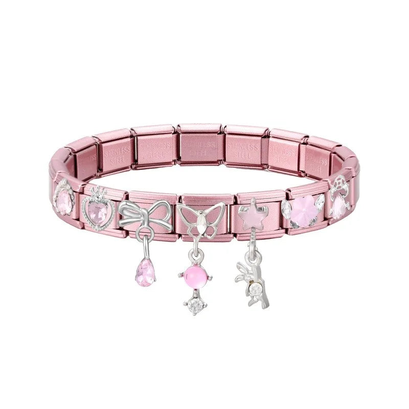 Pink Color Y2K Butterfly Star Bow Rabbit Heart Pendant Italian Charm Links Fit 9mm Stainless Steel Bracelet DIY Making Gifts