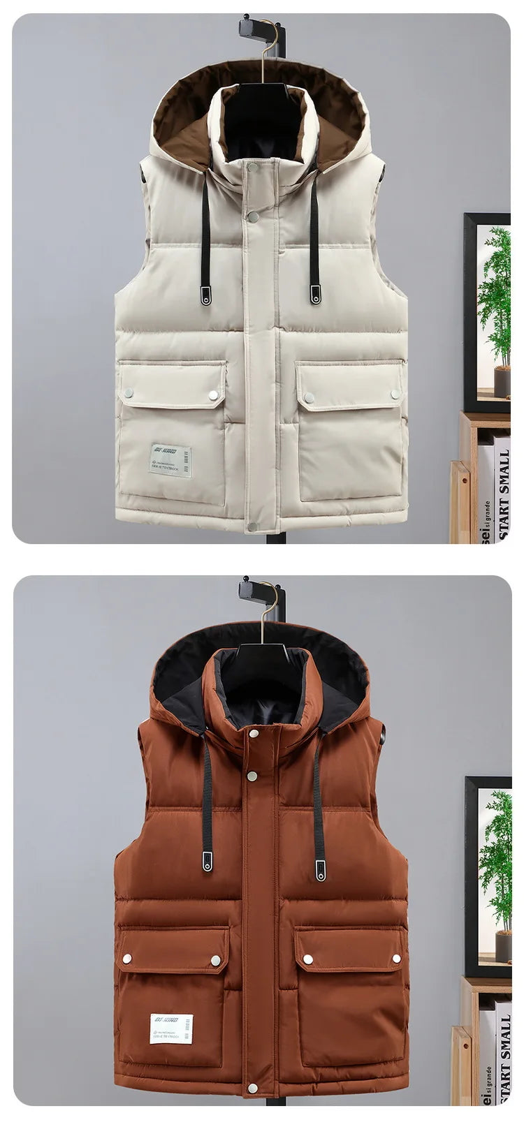 2024 Autumn Winter Men Thicken Cotton Waistcoat Sleeveless Vests Jackets Warm Detachable Hat Outerwear Male Zipper Hooded Coats