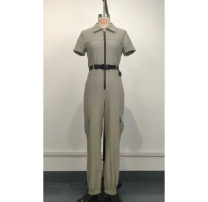 Fashion Women's Jumpsuit New Sexy Zipper Workwear Short Sleeved Lapel Multi Pocket Waistband Bodysuit Pants Female 2024 Summer