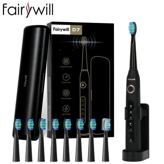 Fairywill FW507 Electric Sonic Toothbrush USB Charger Tooth 8Brush Replacement Waterproof Electronic Toothbrush with Travel Case