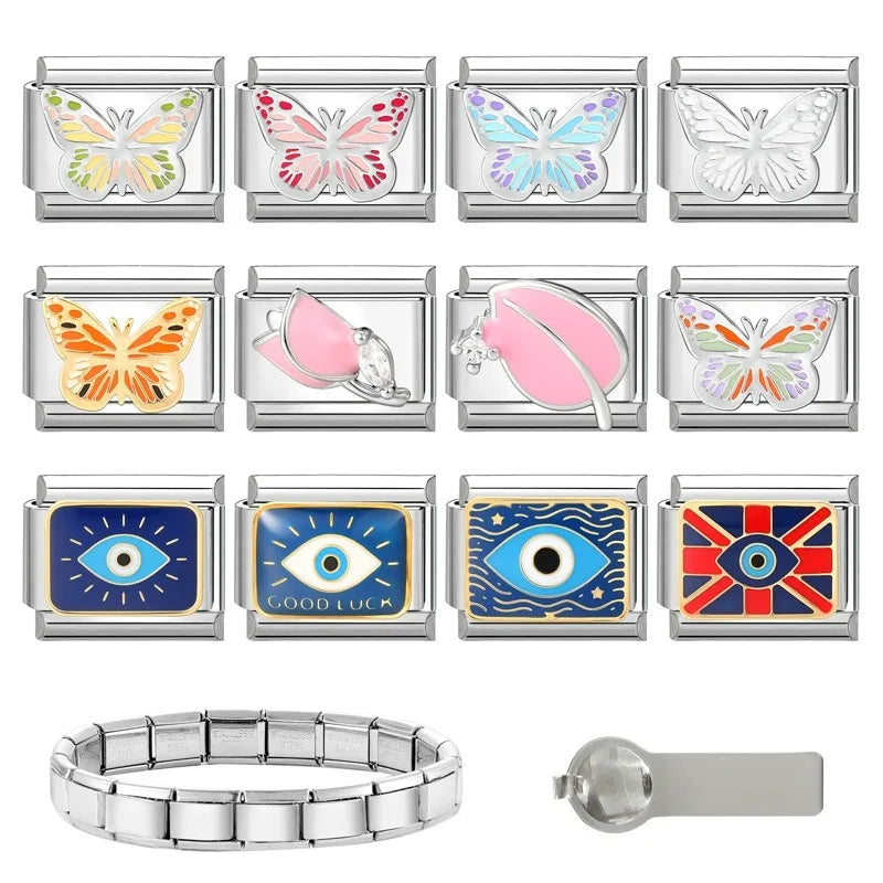 Fashion Drip Glaze Blue Eyes Colorful Butterfly Italian Charm Links Fit 9mm Stainless Steel Bracelet Jewelry DIY Making Beads
