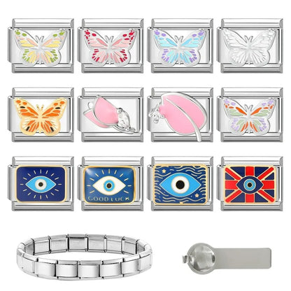 Fashion Drip Glaze Blue Eyes Colorful Butterfly Italian Charm Links Fit 9mm Stainless Steel Bracelet Jewelry DIY Making Beads