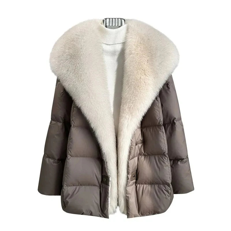 High end Faux Fox fur detachable Large Lapel fur Down Jacket For women 2025 Winter New Medium long Loose White goose Down Coats