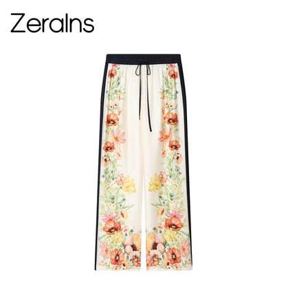 ZERAINS Casual style single row multi button lapel long sleeved contrasting printed shirt and printed pants set