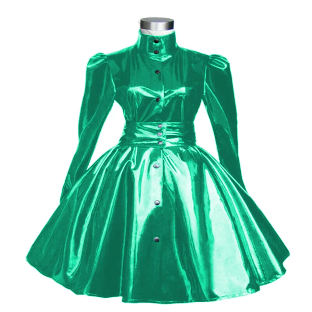 Plus Size Sweet Girl Mini Dress PVC Leather High Neck Button Pleated  A-line Dress Preppy Style Back Zipper Long Sleeve Dress