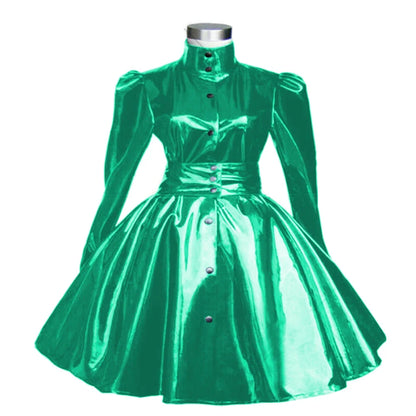 Plus Size Sweet Girl Mini Dress PVC Leather High Neck Button Pleated  A-line Dress Preppy Style Back Zipper Long Sleeve Dress