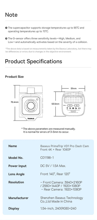 Baseus 4K Dash Cam VD1 Pro Front and Rear UHD Car Camera for SONY Sensor Supercapatior Night Vision WiFi6 DVR Video Recorder