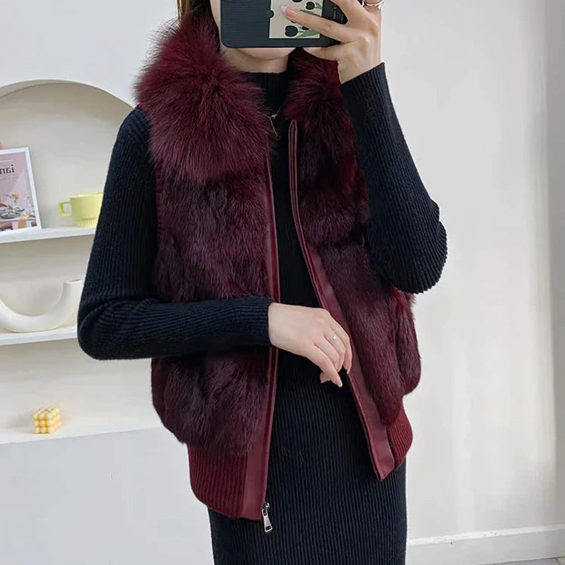Women's Genuine Real Rabbit Fur Vest Coat Knitting Winter Fox Fur Collar Fur Jacket Casual Short Outwear Slim with Zipper