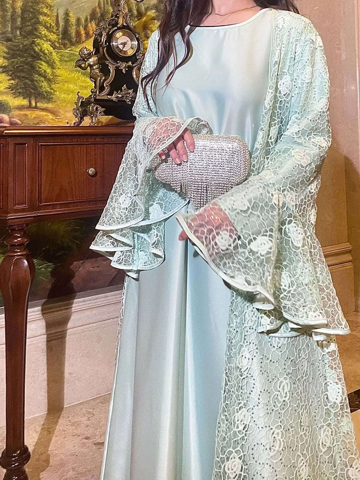 Muslim Women Abaya Dress 2 Piece Set Flare Sleeve Lace Sequin Satin Morocco Caftan Dress Musulman Ensembles Cadigan Outfit Suits