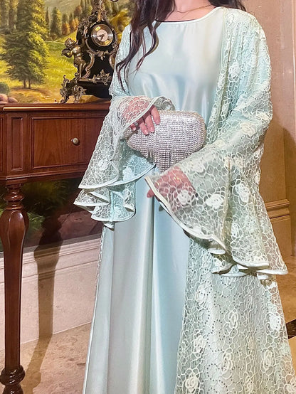 Muslim Women Abaya Dress 2 Piece Set Flare Sleeve Lace Sequin Satin Morocco Caftan Dress Musulman Ensembles Cadigan Outfit Suits