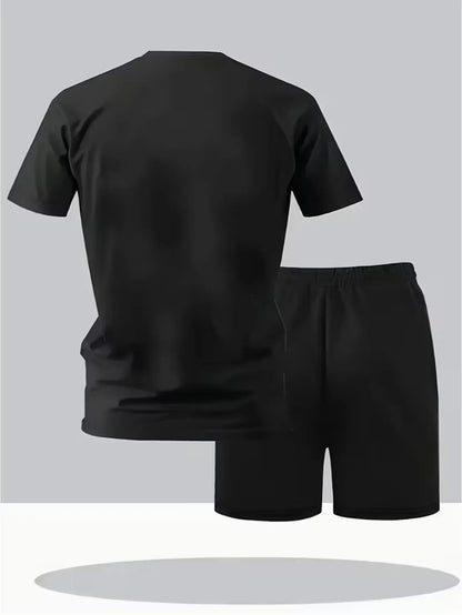 Men Fashion Print Two Piece Set Breathable Crew Neck Short Sleeve T-shirt Casual Sports Shorts Summer Outfit