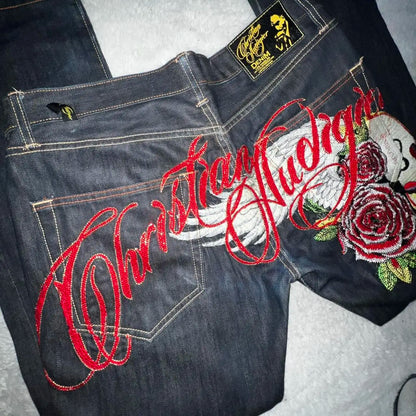 Harajuku Angel wings Embroidery Jeans Casual Denim Pants High Waist Straight Wide Leg Jeans Vintage Y2k 2000s Women Clothing