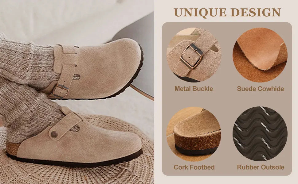 Shevalues Men's Suede Clogs Soft Leather Mules Men New Summer Men Cork Sandals Comfort Slip On Unisex Clogs With Arch Support