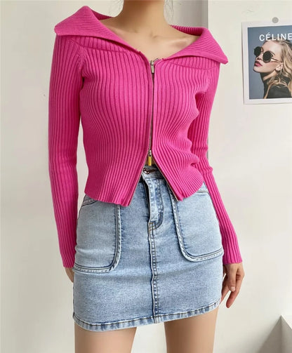 LUNDUNSHIJIA 2026 New Autumn Women Elegant Thickened Zipper Sweaters For Women Rose Red Fashion Short Female Cardigan 4 Colors