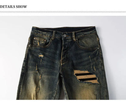 Y2k New Men's Jeans Washed Nostalgic Perforated Black Leather Patch Deep Blue Jeans High Street Designer Hip-Hop Brand High-Qual