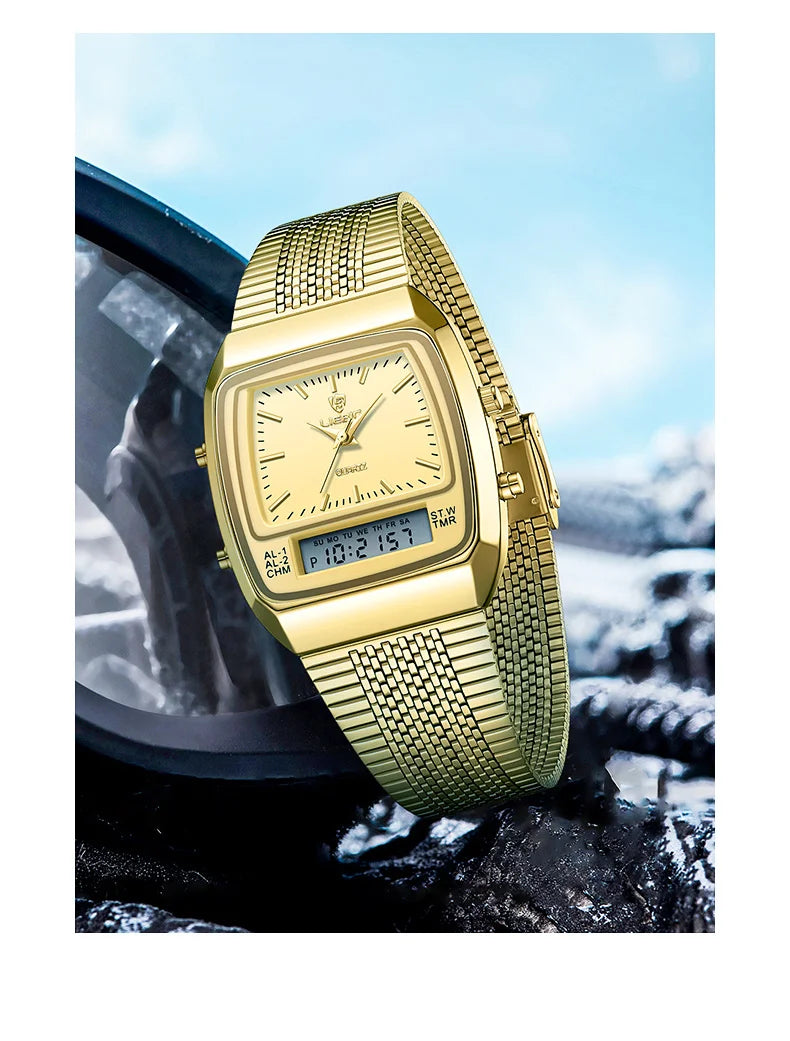 New Fashion Casual Watch Men Digital Dual Time Week Gold Sport 3bar Waterproof Quartz Wristwatches Clock relogio masculino L1030