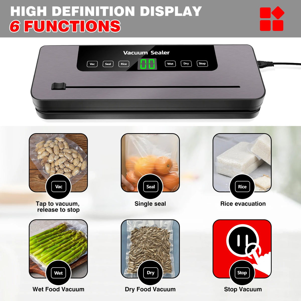 6 in 1 Vacuum Sealer Machine, 6 Modes Multi-Functional Food Vacuum Sealer with 10PCs Vacuum Bags, 30cm Longer Seal Food Sealer Built-In Cutter, Keep Meat Vegetables Snacks Fruits Grains Fresh
