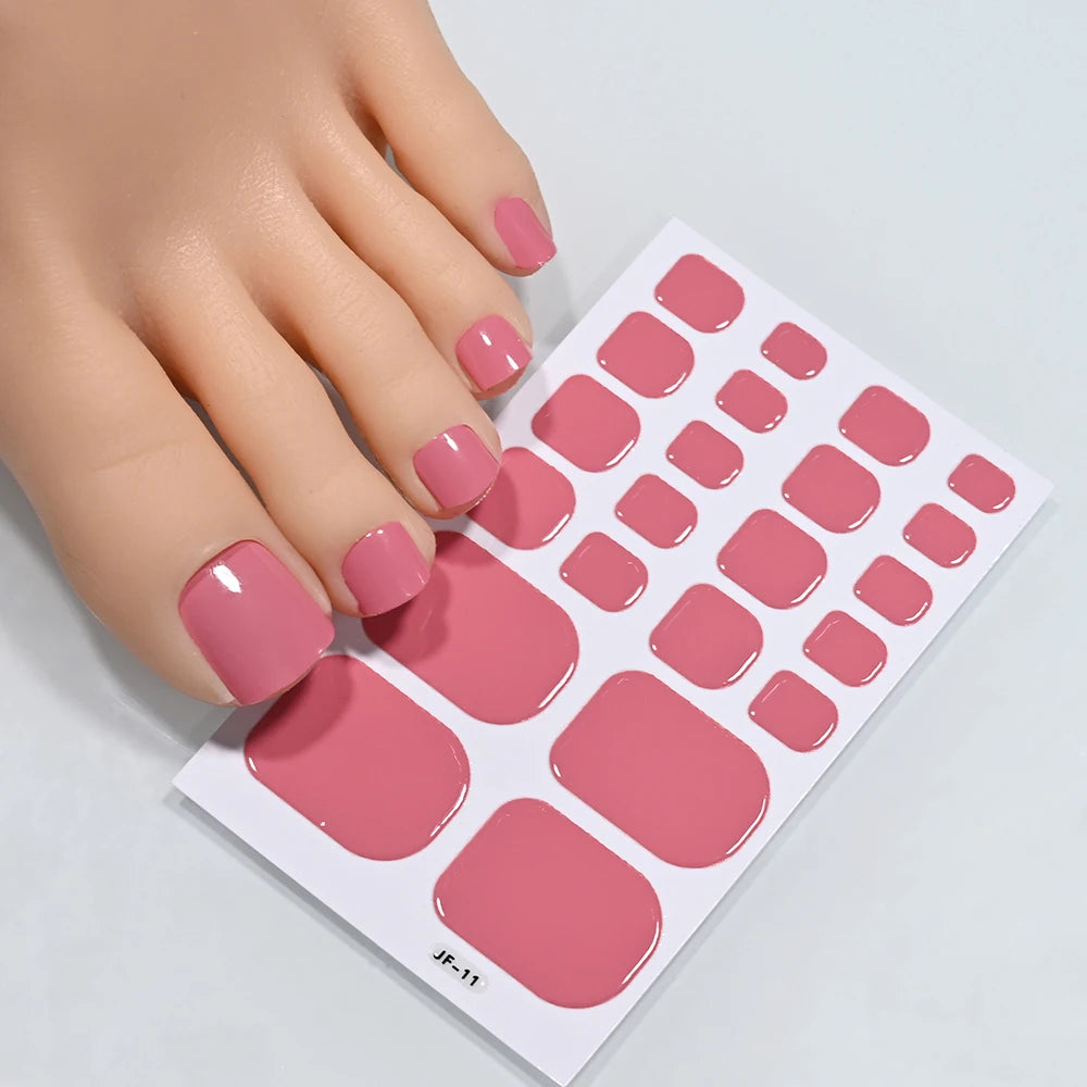 1Sheet=22Tips Glossy Red Toe Nail Stickers Full Cover Solid Color Press On Toenails Patch UV Baking Free Foot Gel Polish Wraps #
