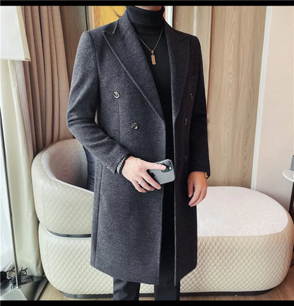 Autumn Winter Vintage Men's Woolen Long Coat Fashion Lapel High Quality Double Breasted Formal Men Slim Fit WindBreaker Overcoat
