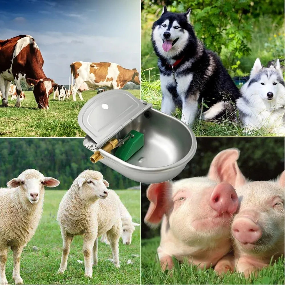 Silver Stainless Steel Automatic Livestock Water Bowl with Brass Float Valve, Durable Water Level Control Drinking Bowl for Horses, Cattle, Sheep, Goats, Alpacas, and Dogs in Farm and Stable Use