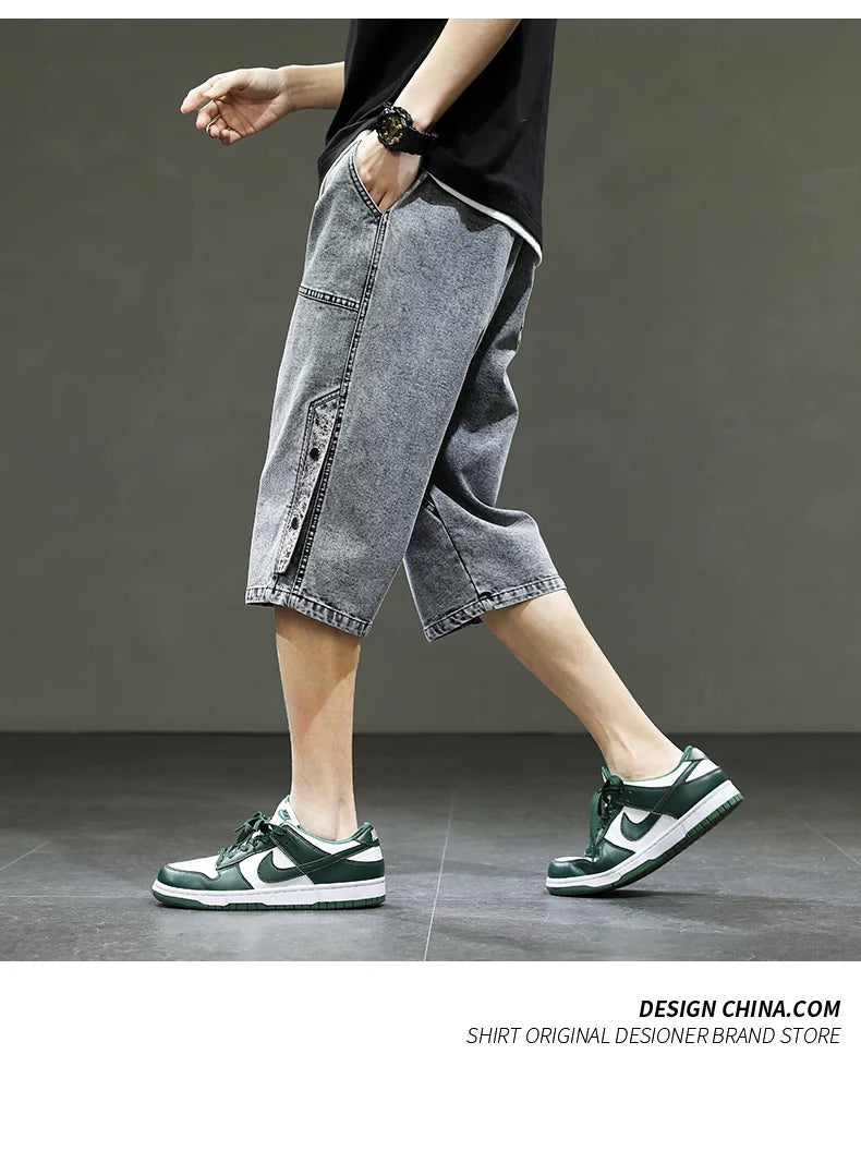 Korean Style Men's Long Shorts 3/4 Length Denim Bermuda Male Big Plus Large Size Jeans Fashion Below Knee Streetwear Loose Baggy