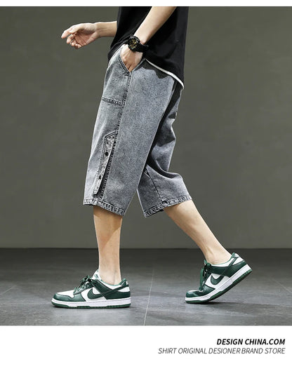 Korean Style Men's Long Shorts 3/4 Length Denim Bermuda Male Big Plus Large Size Jeans Fashion Below Knee Streetwear Loose Baggy