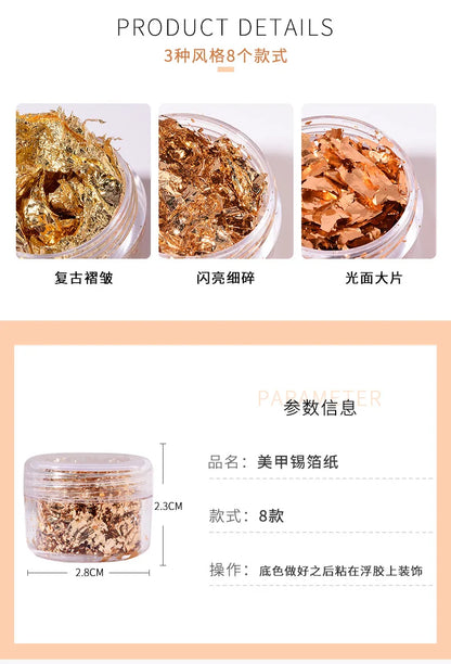 Rose Gold Silver Irregular Foil Paper Fragments Nail Art Sequin Sticker Glitter DIY Manicure UV Gel Polish Nail Decoration Tools