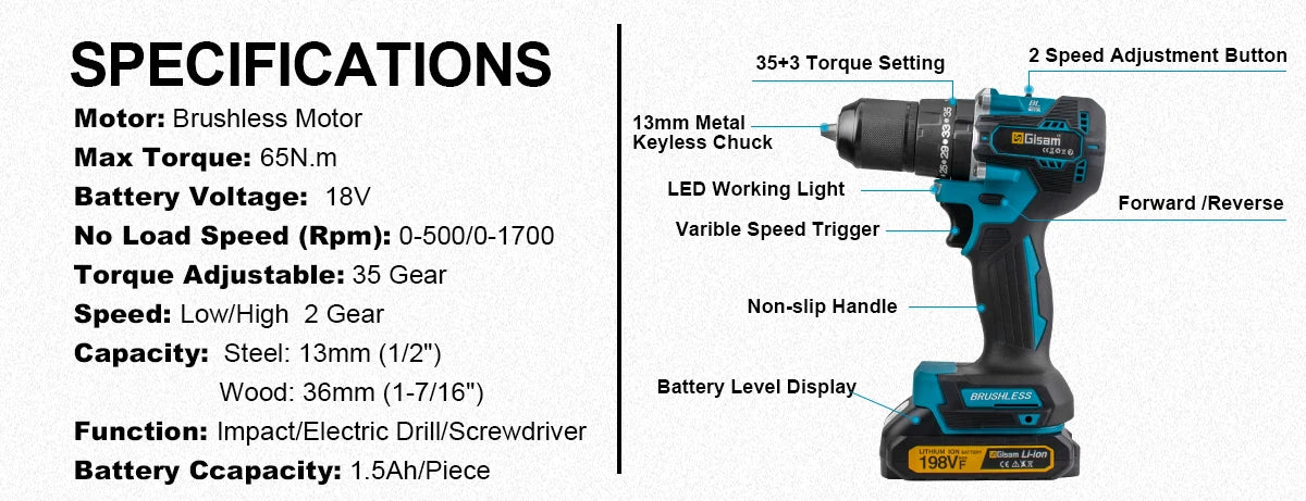 Gisam 65N.m 13MM 35+3 Torque Brushless Electric Impact Drill Cordless Electric Screwdriver Power Tool For Makita 18V Battery Pin