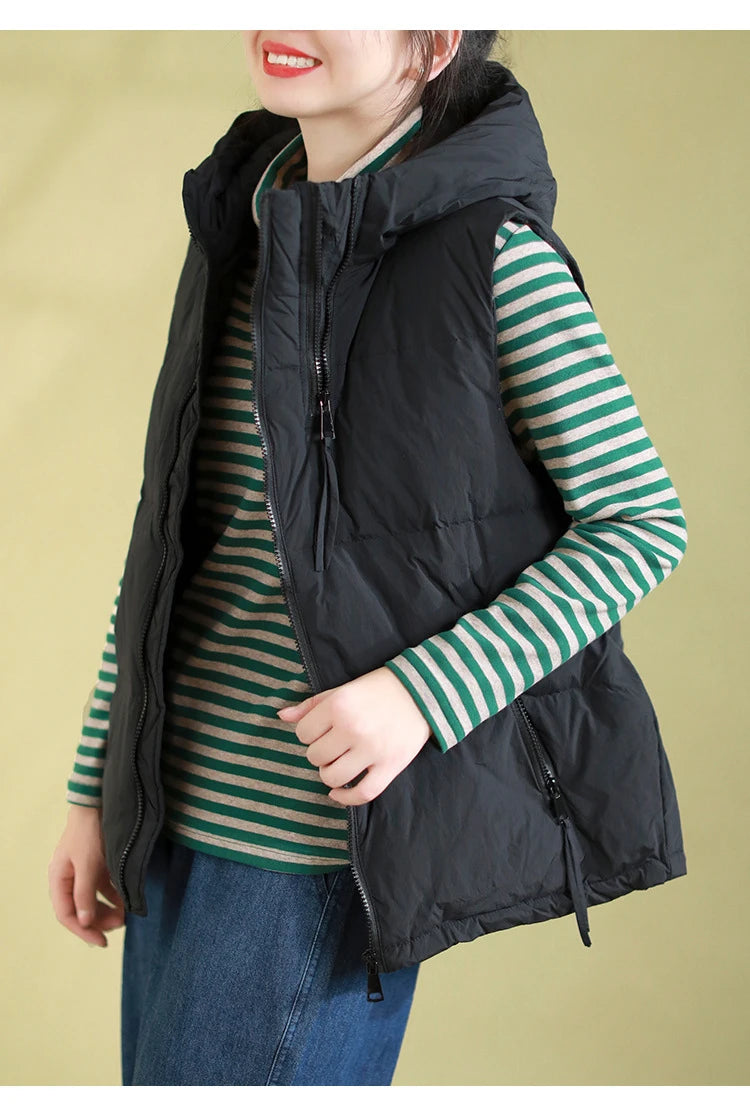 Schinteon Women 90% White Duck Down Vest with Hood Autumn Winter Over Size Casual Sleeveless Jacket Top Fashionable Gilet 2026