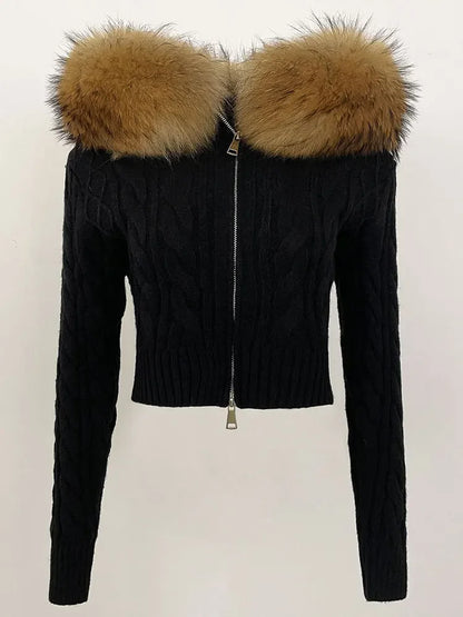 Fashion Natural Fox Fur Collar with Knitted Sweater Women Casual Sweater 2025 New Spring Autumn Slim Fit Elastic Oversized Coat