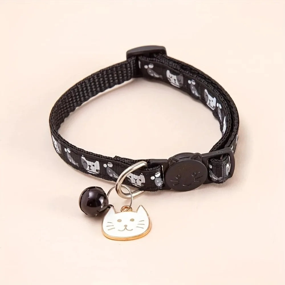 Adjustable Pet Cat Collar Quick Release Safety Buckle Anti-choking Puppy Collar with Cat Face Pendant Bell Cat Pattern