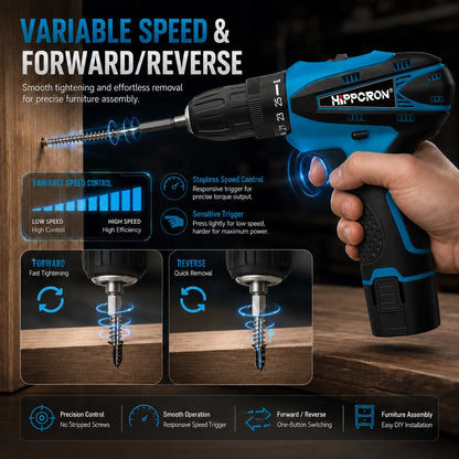 Hippcron 12V Lithium Electric Drill Tapping Cordless Impact Tool Ratchet Set Multifunction Screwdriver Household with 3/8" Chuck