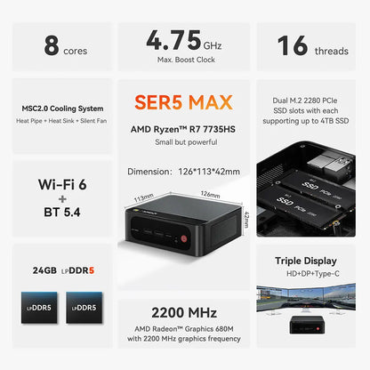 Beelink SER5 Max AMD Ryzen7 7735HS R3 3200U R5 5500U 5625U 16G RAM 500G SSDNVME Mini PC Suppor 4K Type-C Gaming Desktop Computer