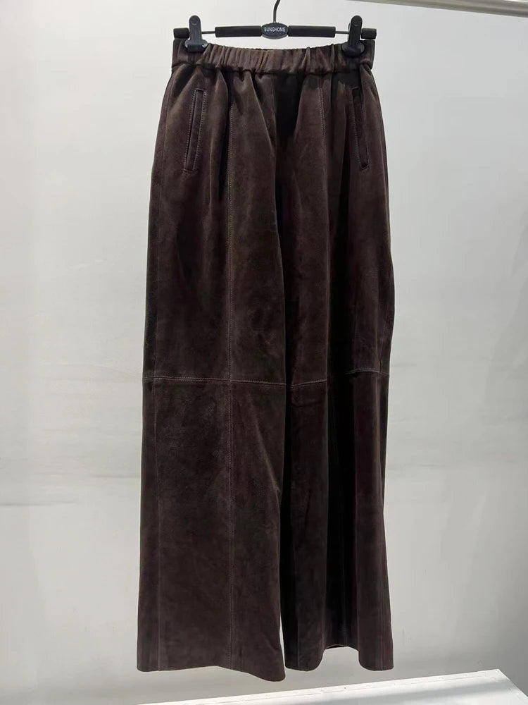 Retro Suede Leather Cropped Pants for Women Femae Genuine Leather Wide Leg Floor Long Trousers Straight Cylinder Spodnie Damskie