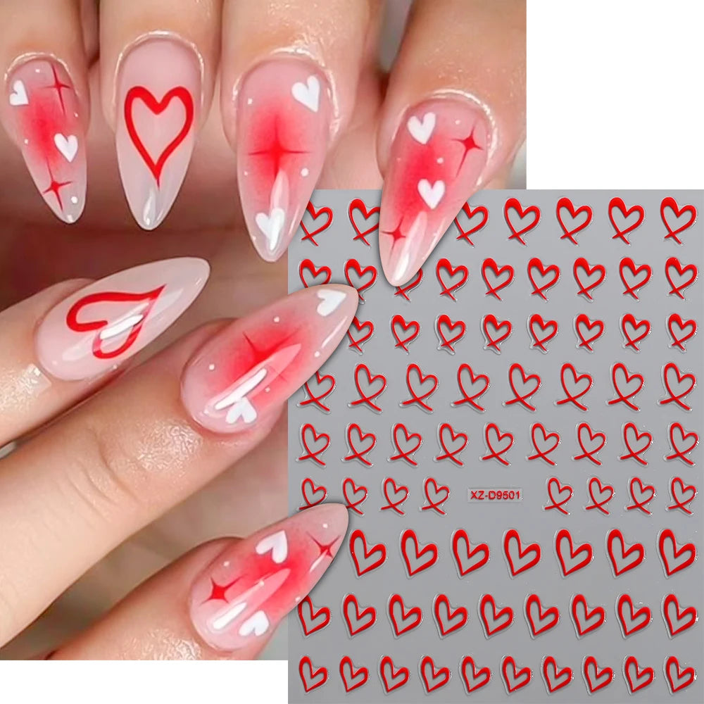 8pcs/set Mini Red Heart Valentines Nail Stickers Irregular Love Stripe Gold/Silver Nail Decals Sliders Laser Shiny Manicure Acce