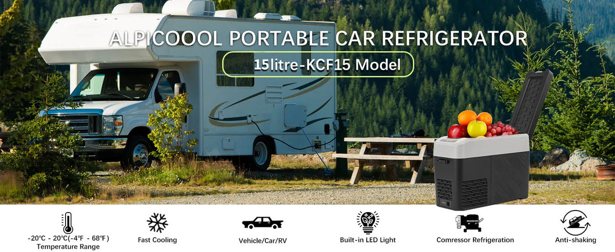 Alpicool KCF15 15L Compressor Cool Box Portable for Car, Truck, Compact Camping Fridge 12/24V DC Cool Box for Travel, Food & Dri